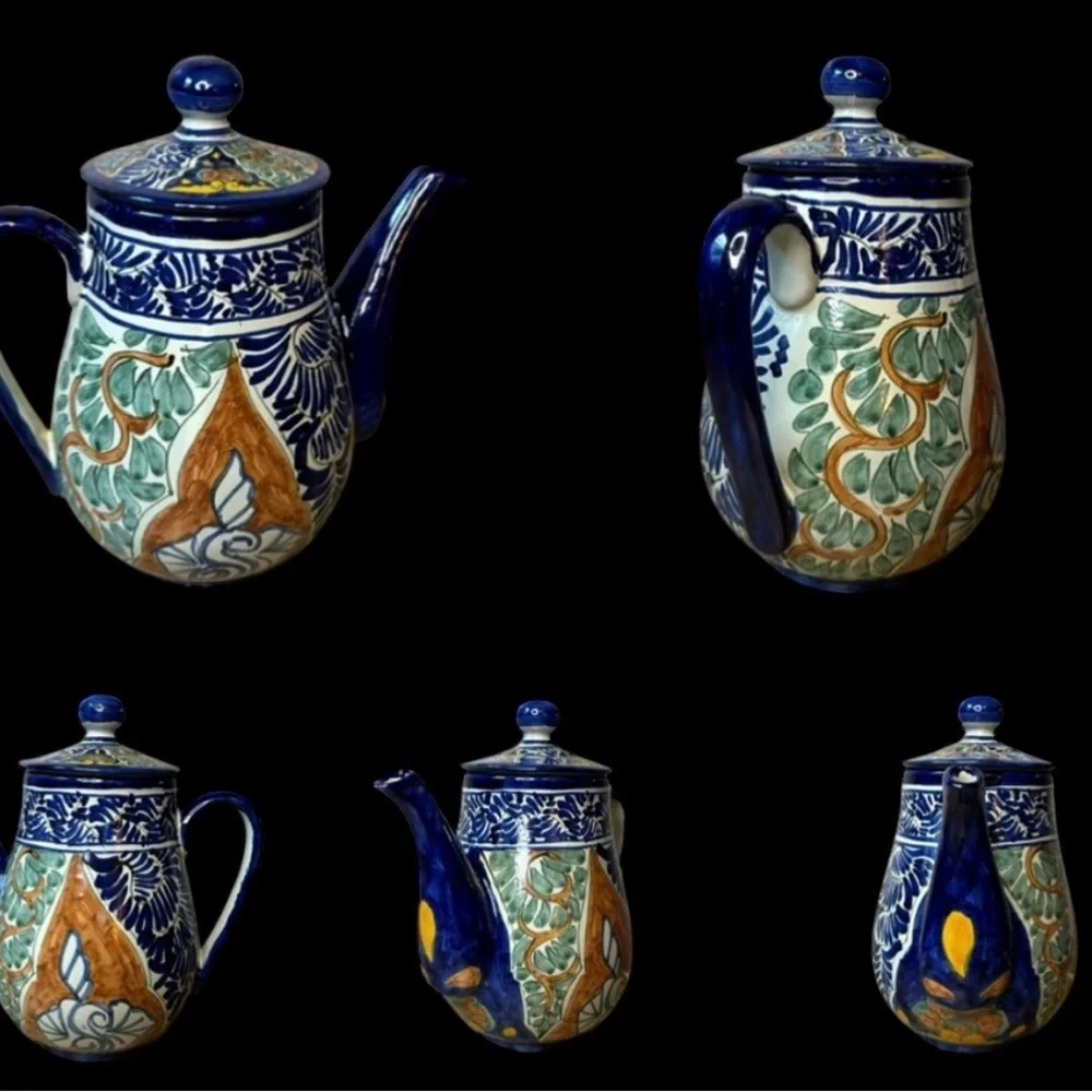 Vintage 70s Mexican Talavera by Vazquez Teapot Teacup and Saucer and Sugar Set